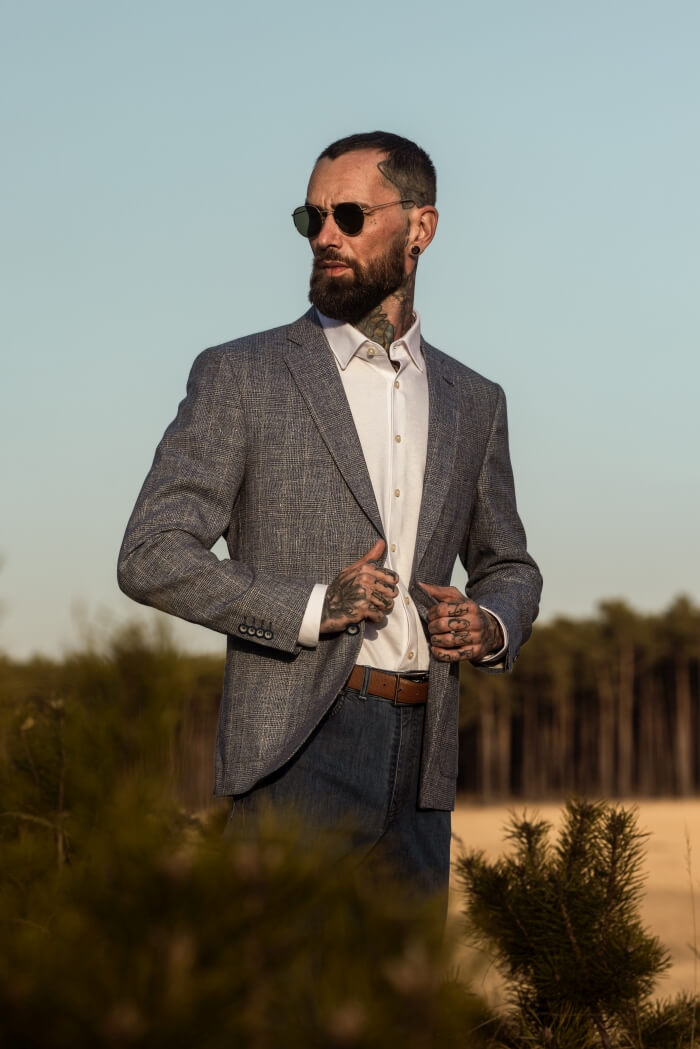 Pale blue blazer with soft brown check