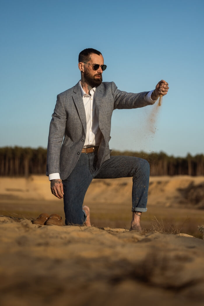 Pale blue blazer with soft brown check