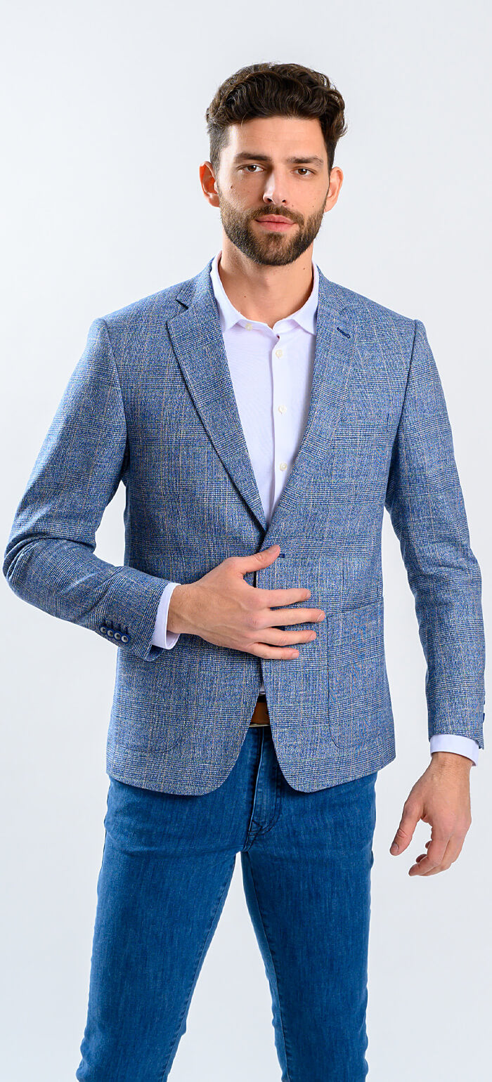 Pale blue blazer with soft brown check