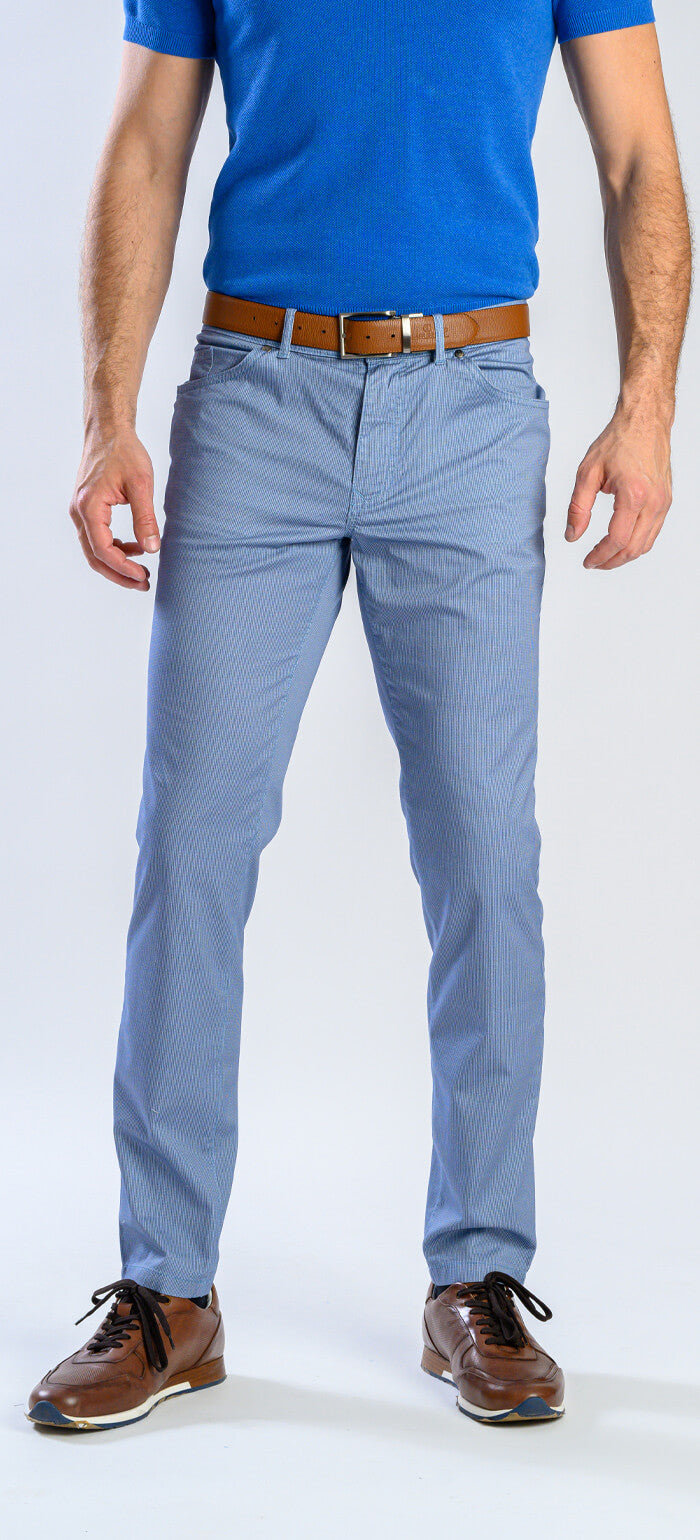 Light blue casual trousers with a rooster print