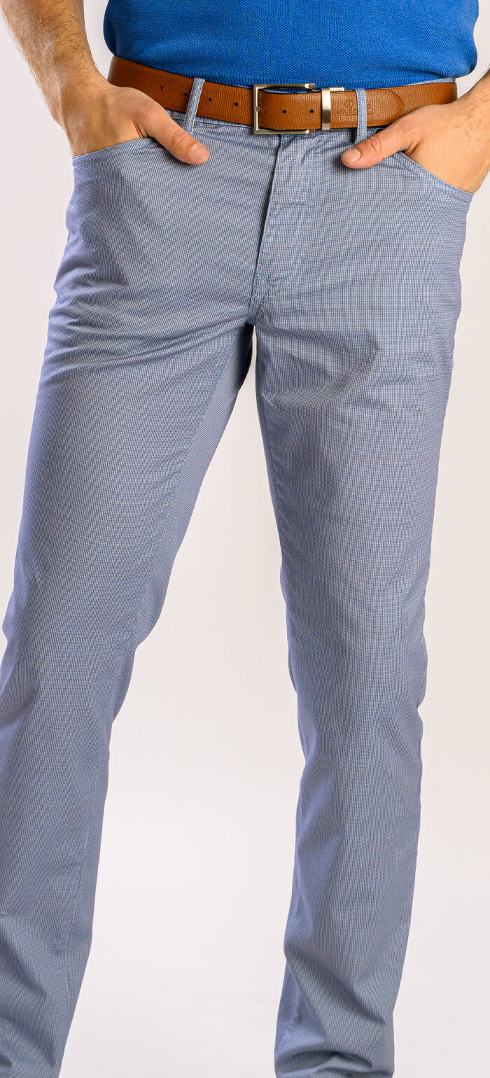 Light blue casual trousers with a rooster print