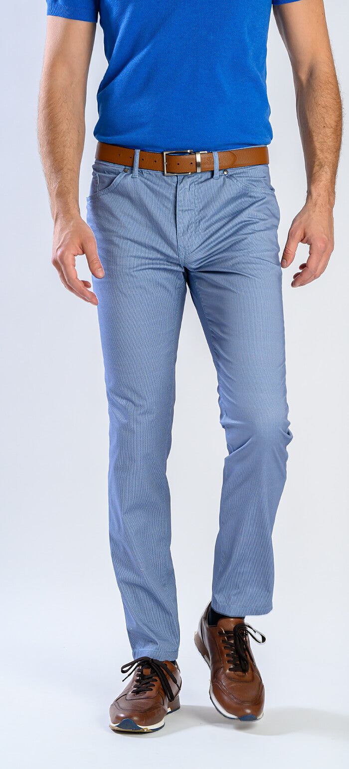 Light blue casual trousers with a rooster print