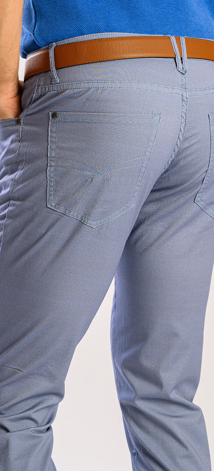 Light blue casual trousers with a rooster print