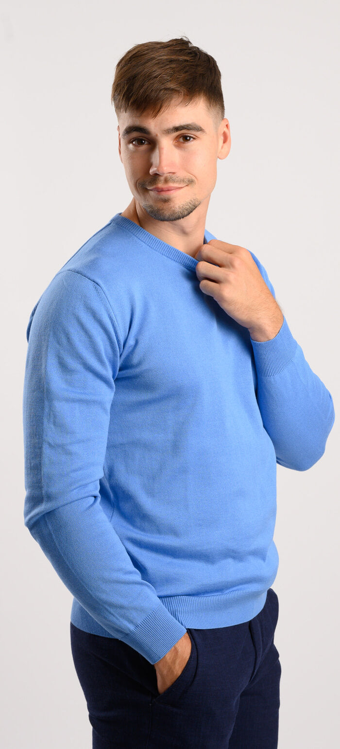 Pale blue cotton round neck sweater