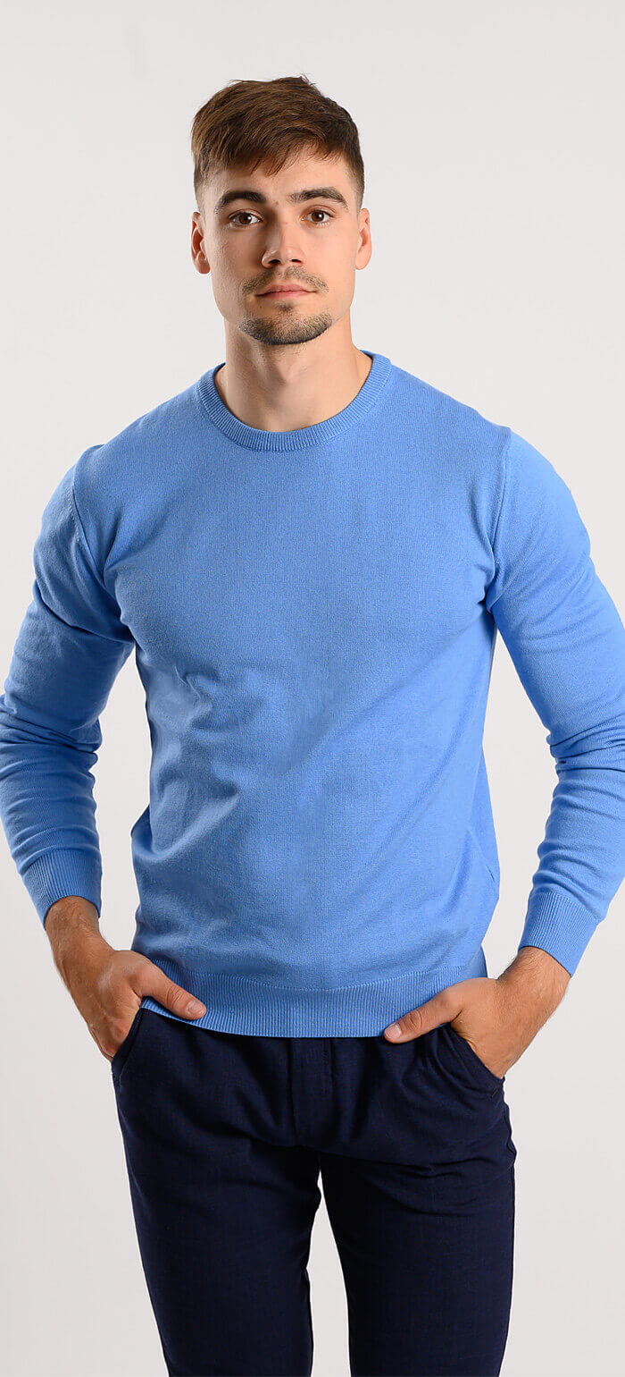 Pale blue cotton round neck sweater