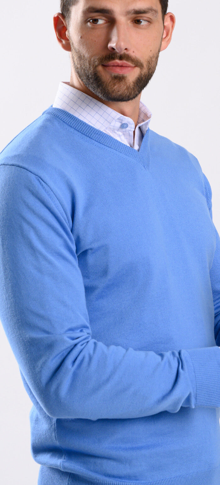 Pale blue cotton V-neck sweater