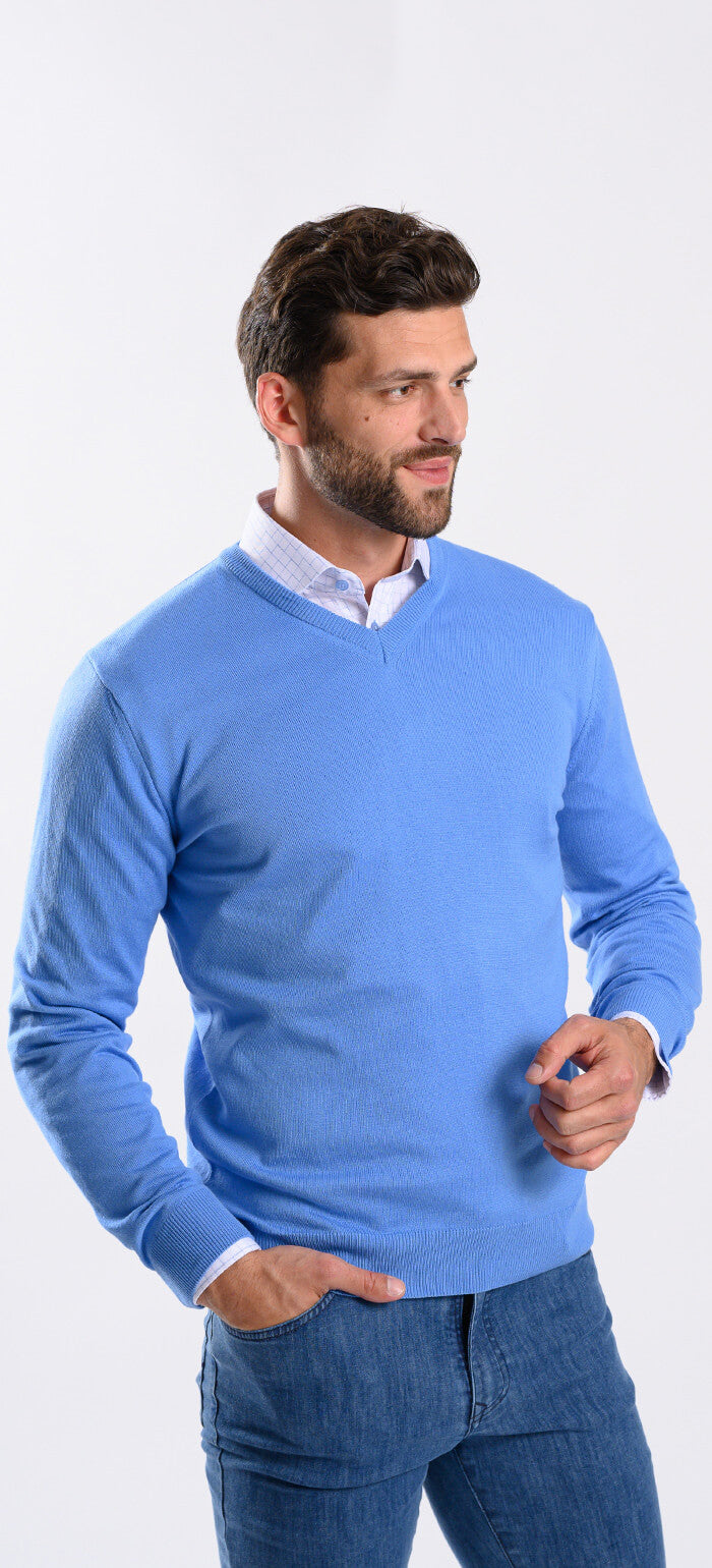 Pale blue cotton V-neck sweater