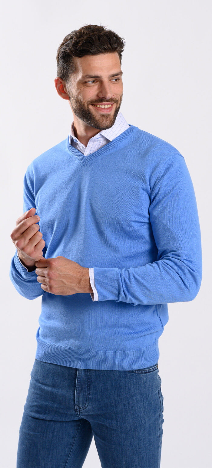 Pale blue cotton V-neck sweater
