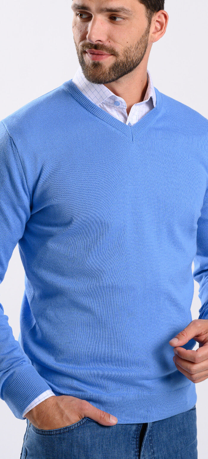 Pale blue cotton V-neck sweater