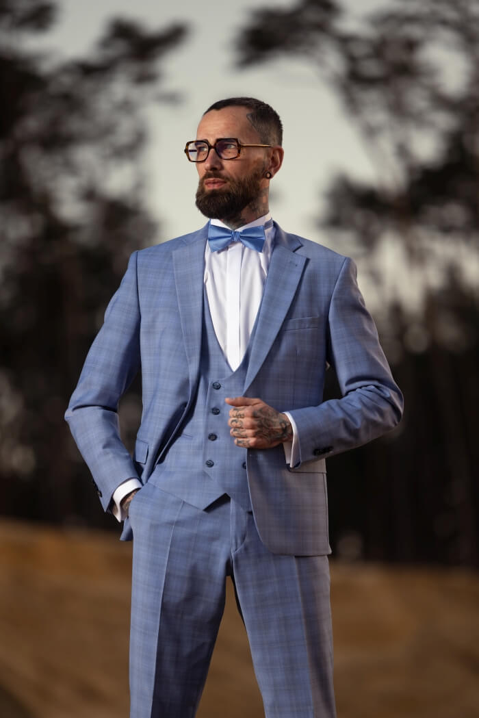 Pale blue checked wedding slim fit suit with vest