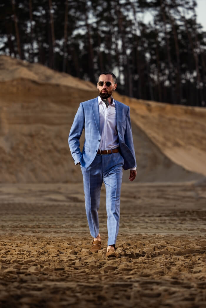 Pale blue checked wedding slim fit suit with vest