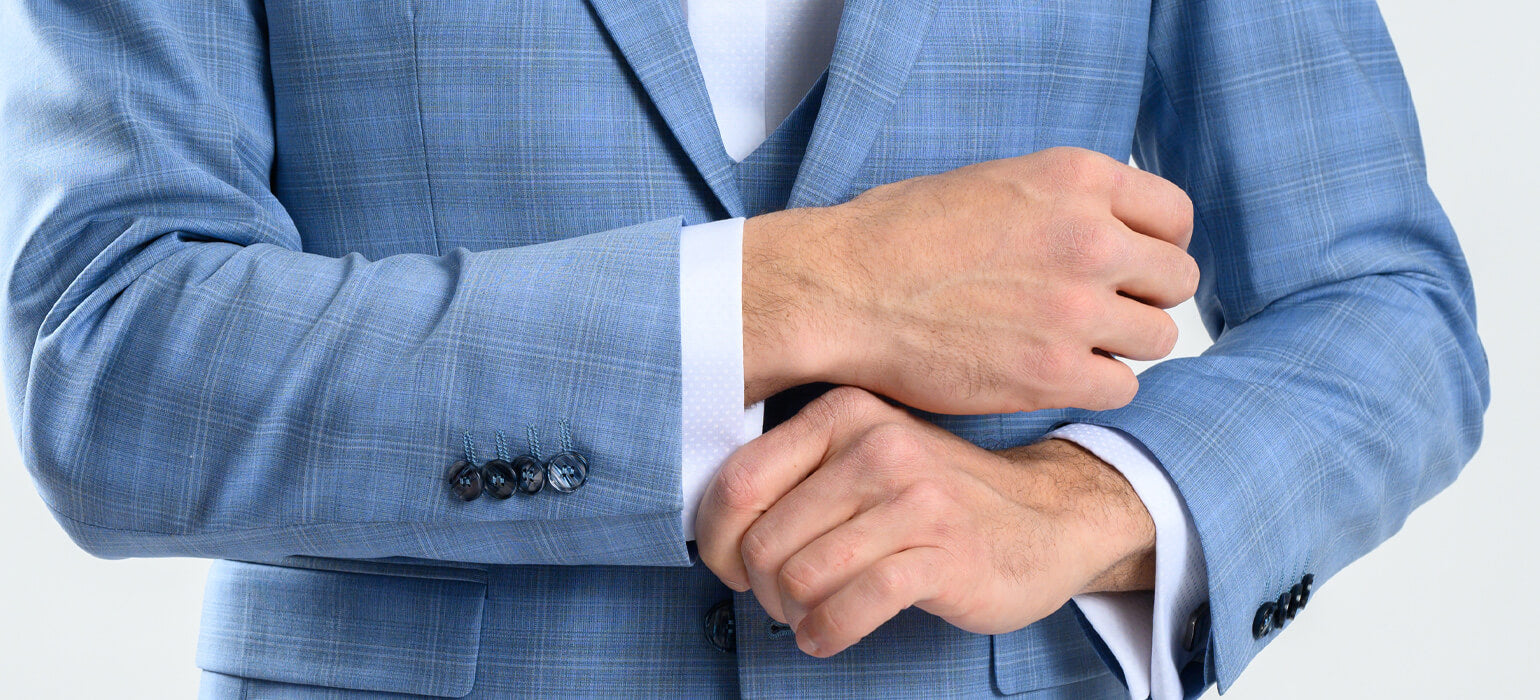 Pale blue checked wedding slim fit suit with vest