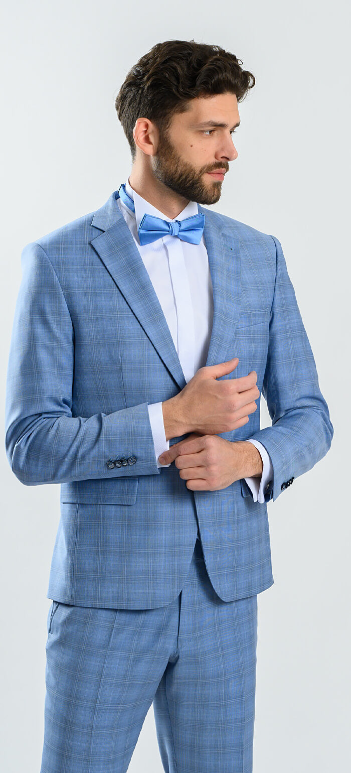 Pale blue checked wedding slim fit suit with vest