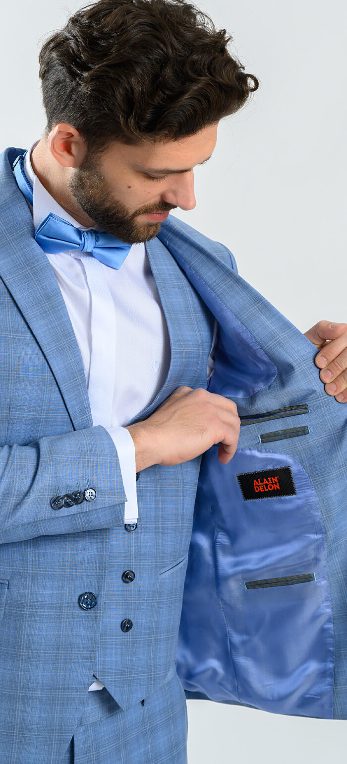Pale blue checked wedding slim fit suit with vest