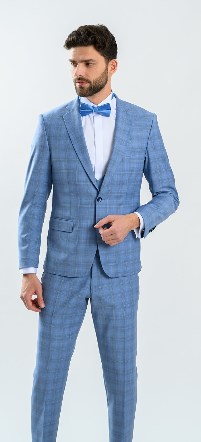 Pale blue checked wedding slim fit suit with vest