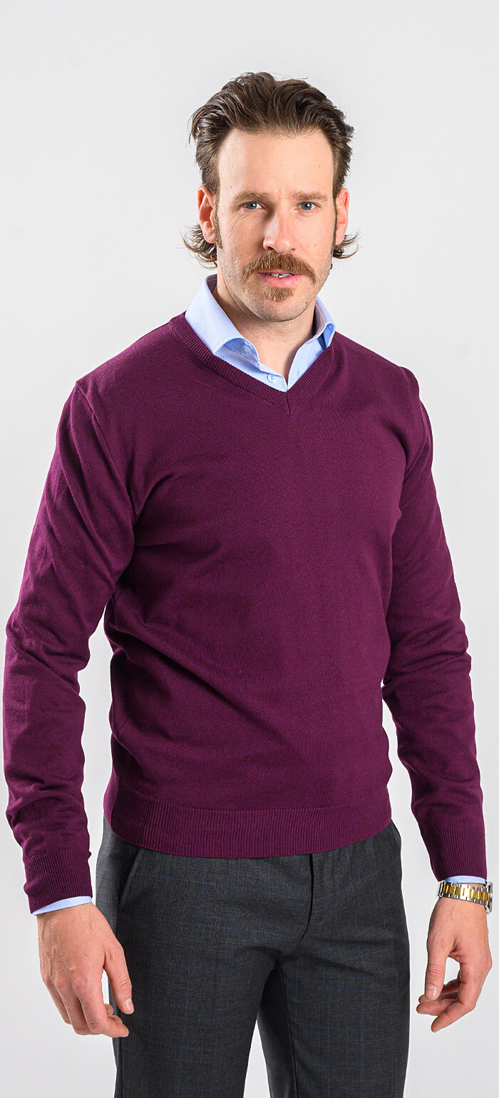 Burgundy cotton V-neck sweater