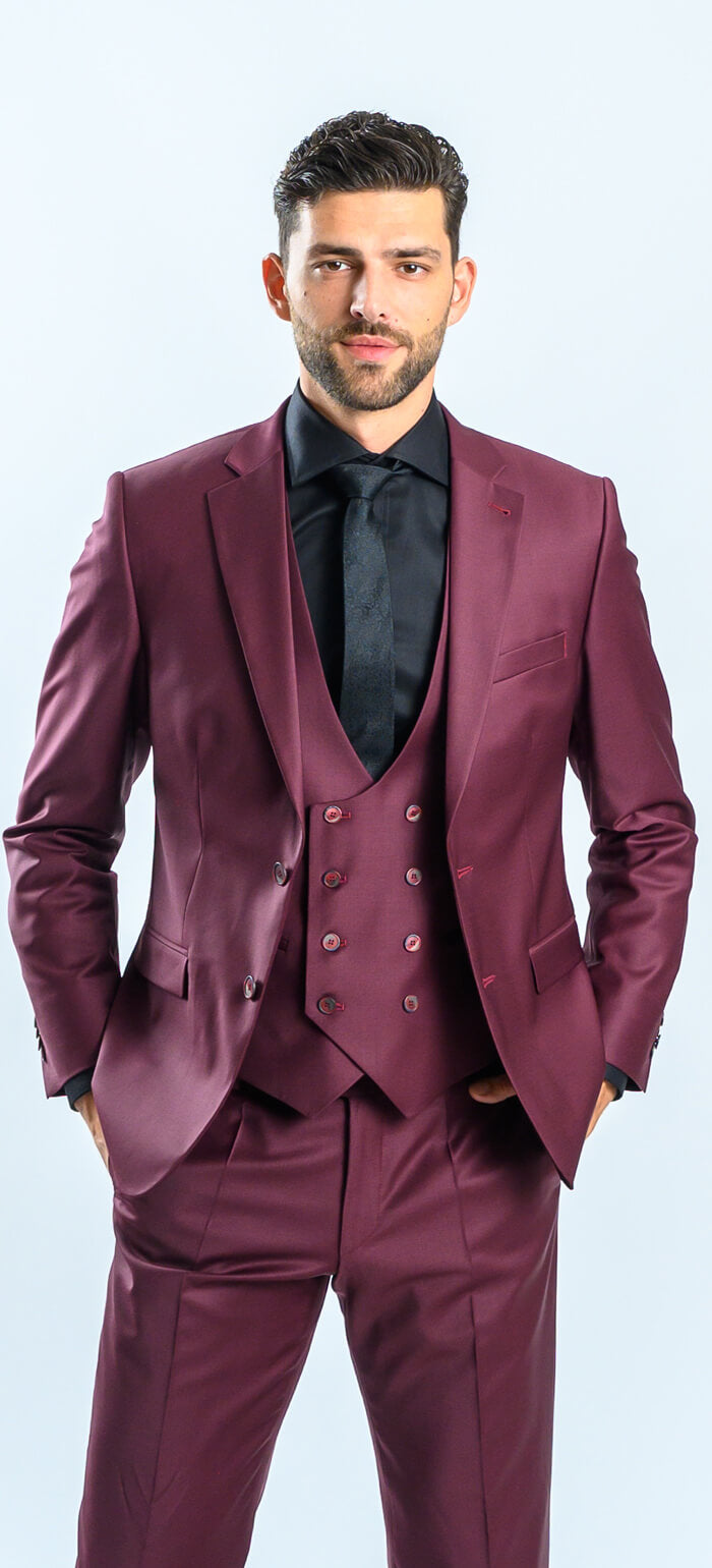 Burgundy Slim Fit Suit with Vest