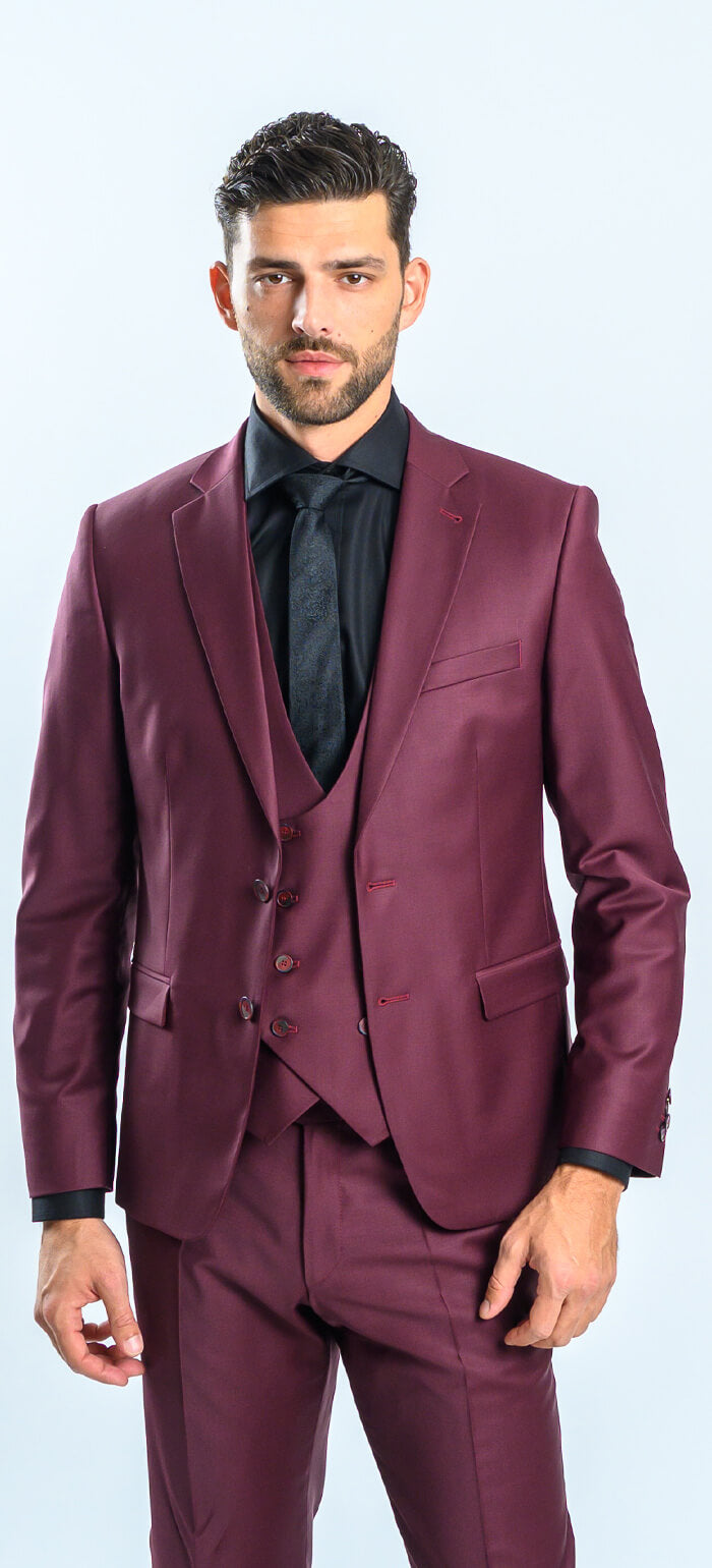 Burgundy Slim Fit Suit with Vest