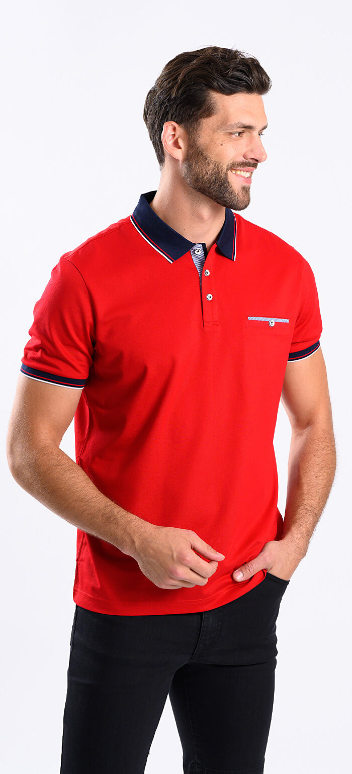 Red polo shirt with navy blue collar