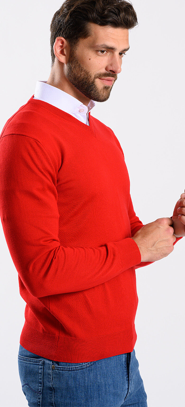 Red cotton V-neck sweater