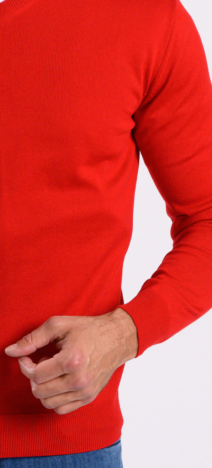 Red cotton V-neck sweater