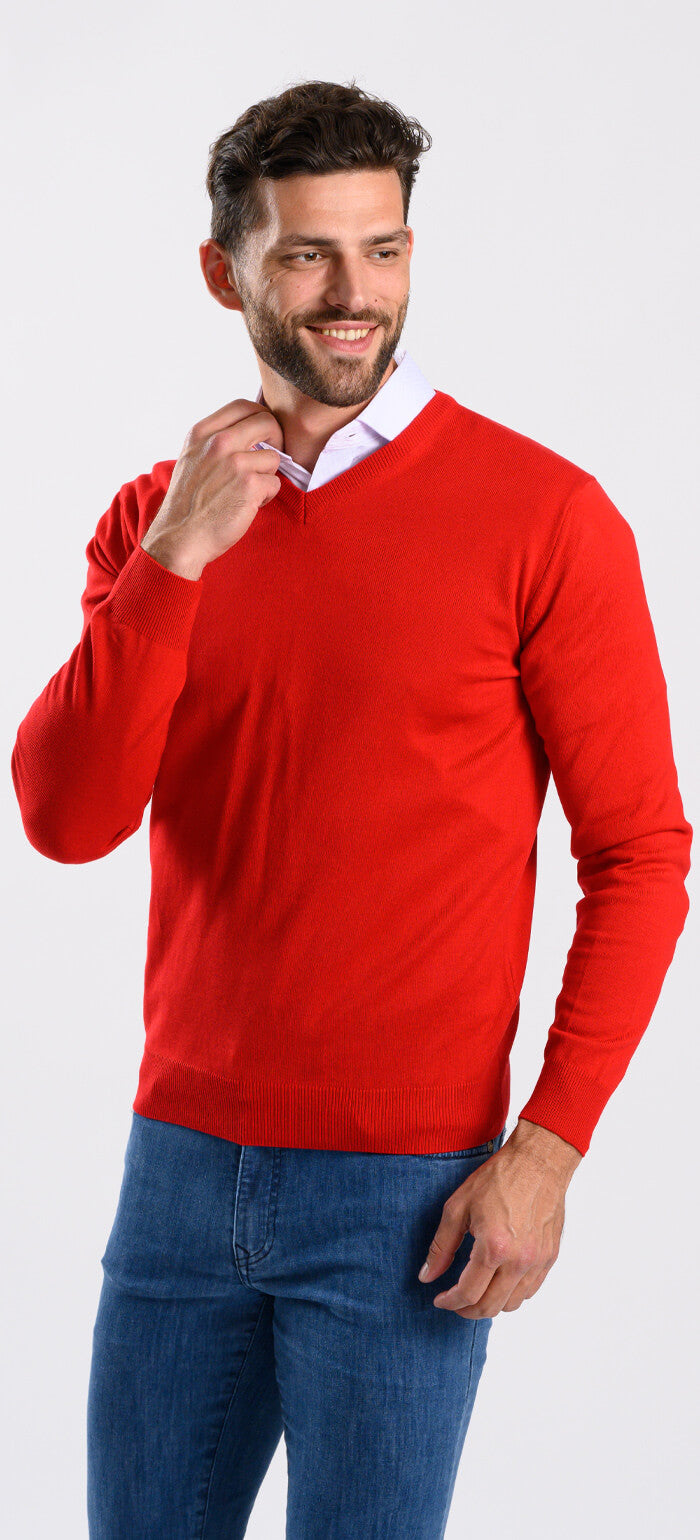 Red cotton V-neck sweater