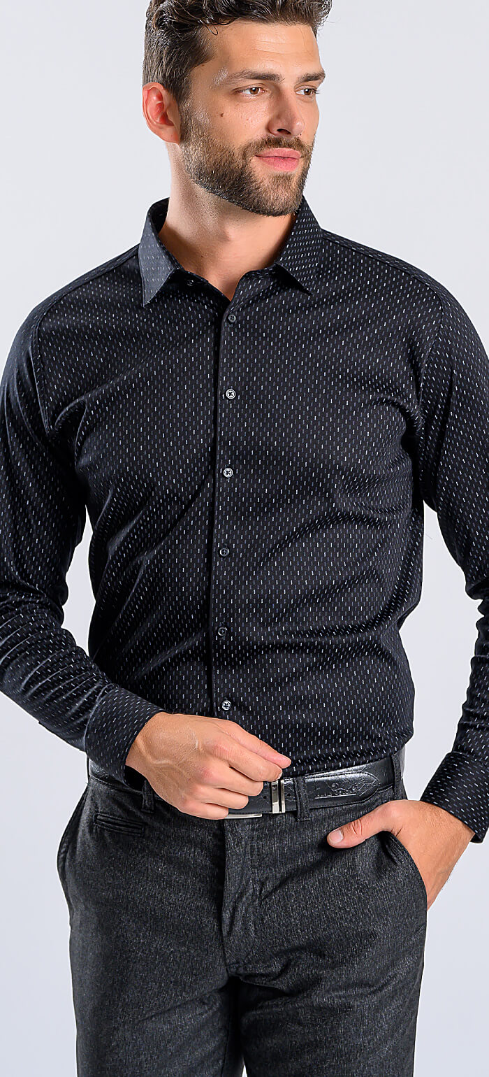 Black patterned stretch Extra Slim Fit shirt with anti-wrinkle treatment