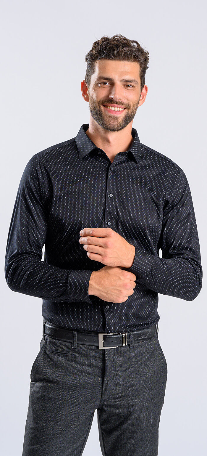 Black patterned stretch Extra Slim Fit shirt with anti-wrinkle treatment