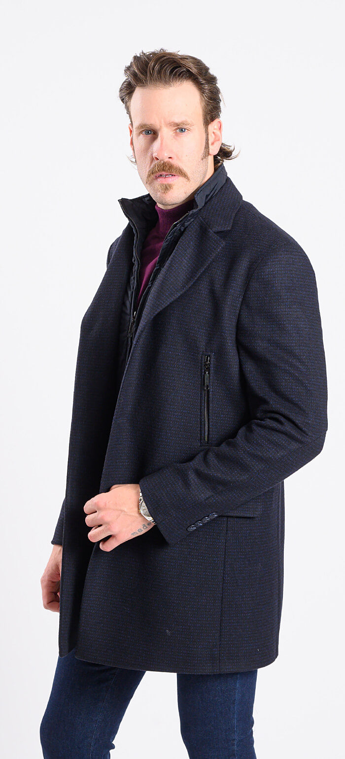 Black and blue wool coat with removable lining