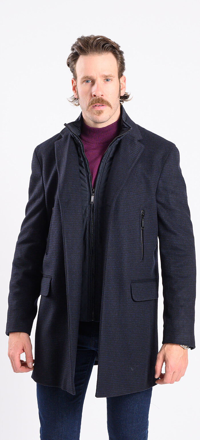 Black and blue wool coat with removable lining
