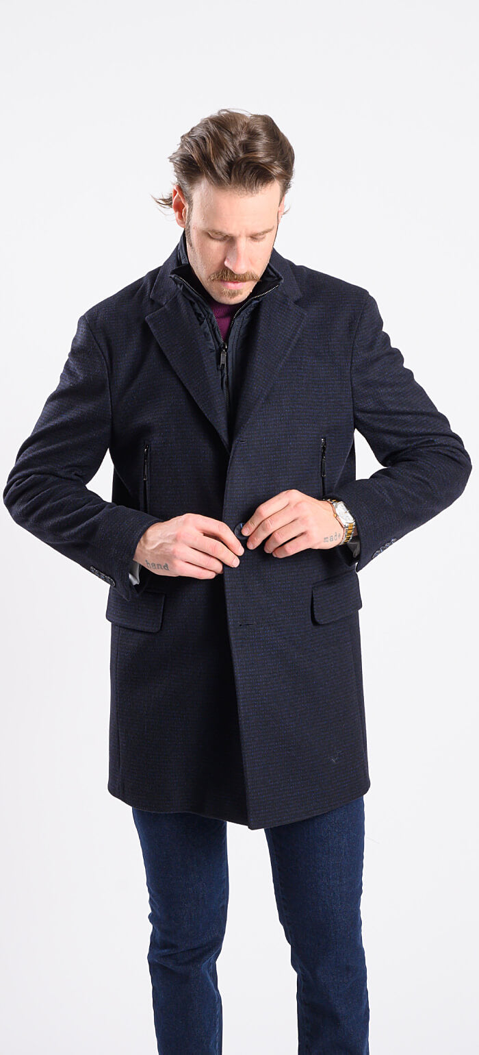 Black and blue wool coat with removable lining