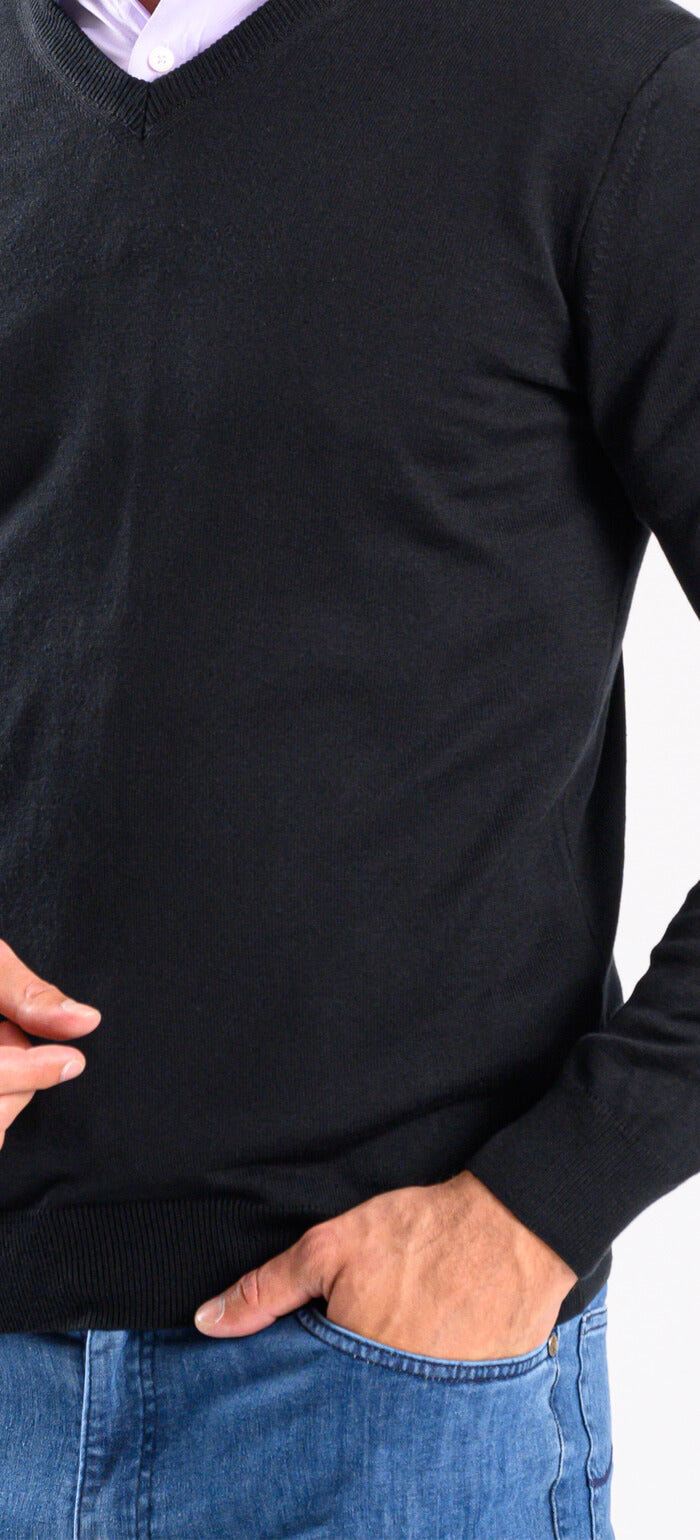 Black cotton V-neck sweater