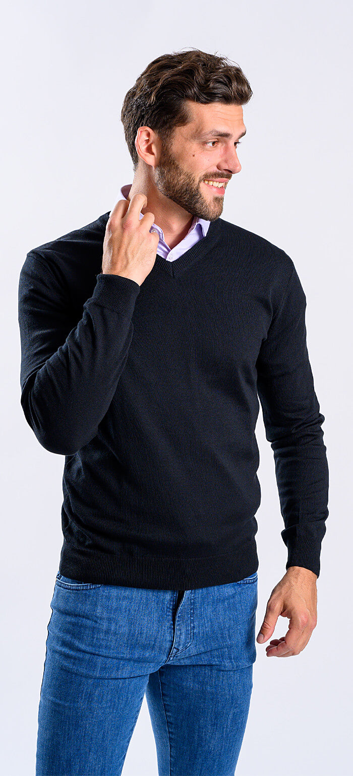 Black cotton V-neck sweater