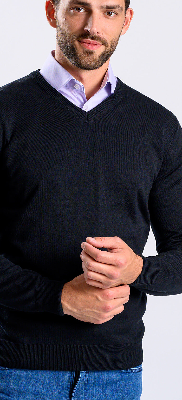 Black cotton V-neck sweater