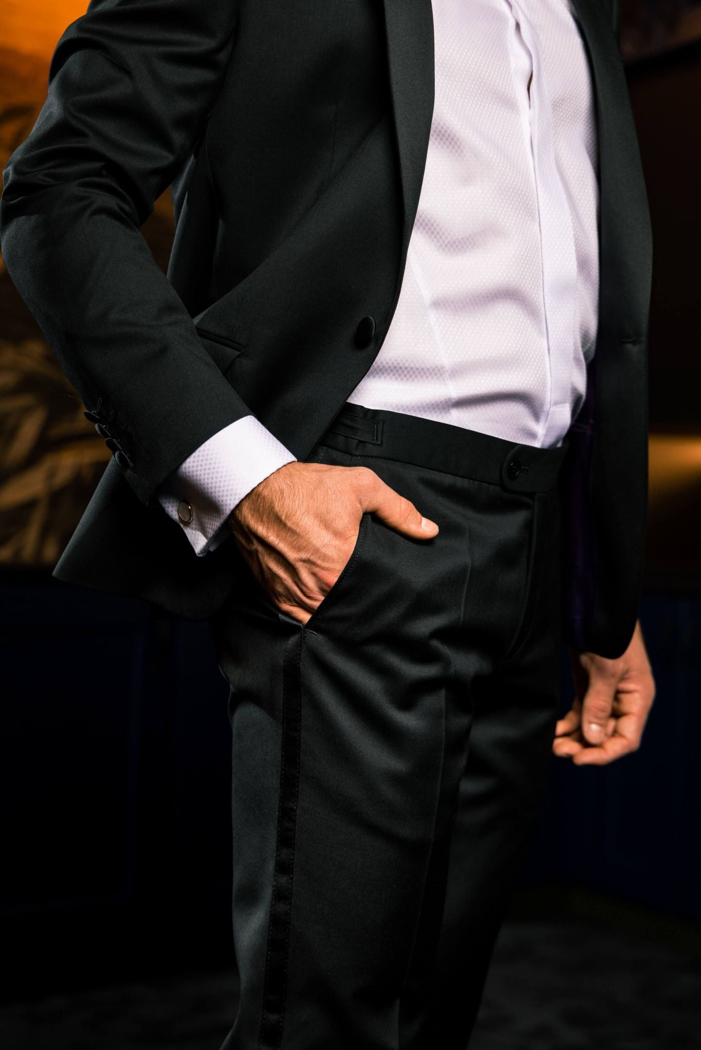 Black wool tuxedo with peak lapel