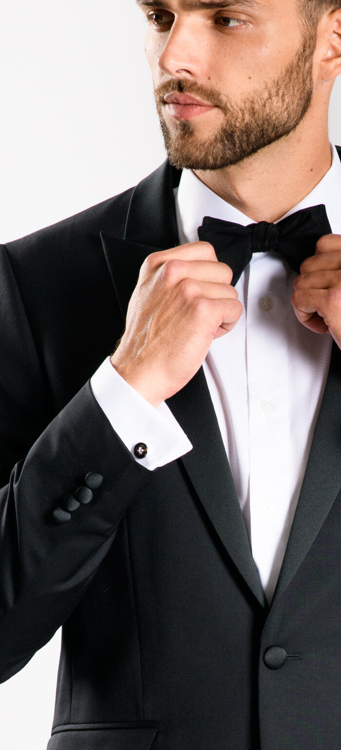 Black wool tuxedo with peak lapel