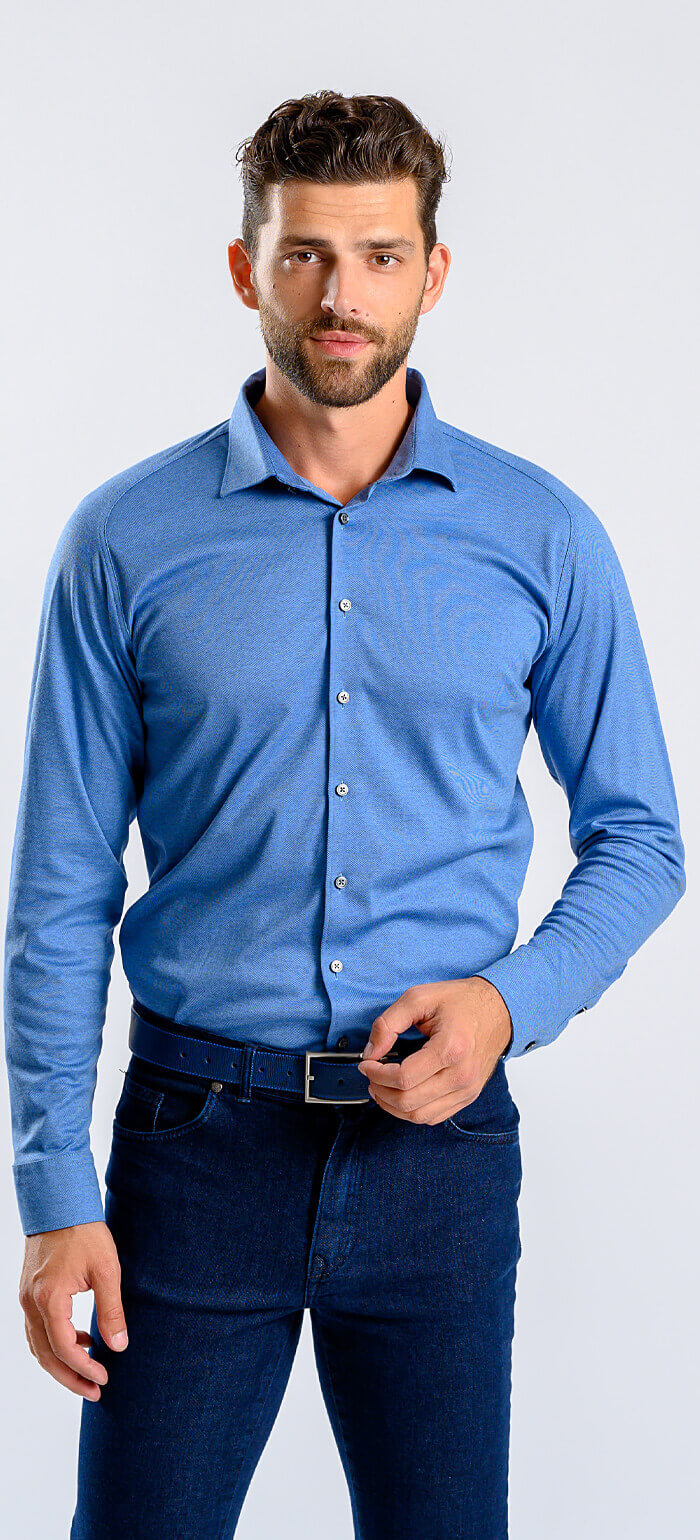 Denim blue stretch Extra Slim Fit shirt with anti-wrinkle treatment