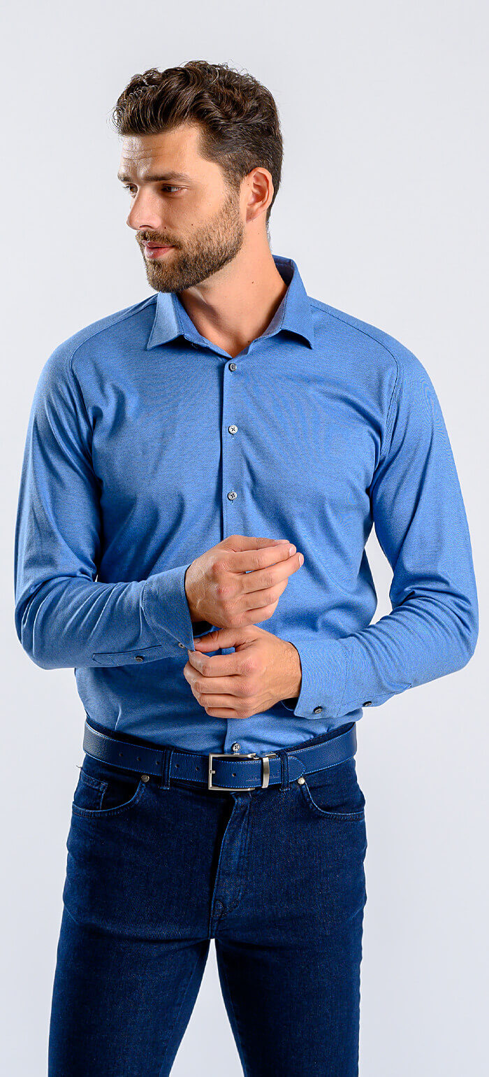 Denim blue stretch Extra Slim Fit shirt with anti-wrinkle treatment