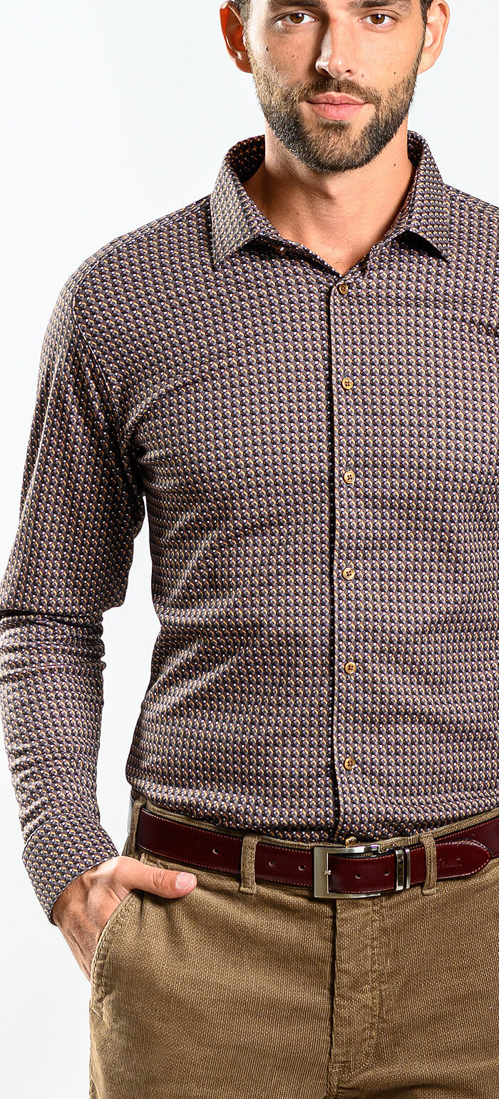 Brown stretch Extra Slim Fit shirt with anti-wrinkle treatment