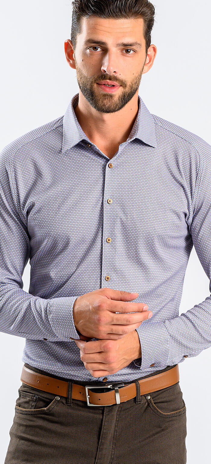 Brown patterned stretch Extra Slim Fit shirt with anti-wrinkle treatment