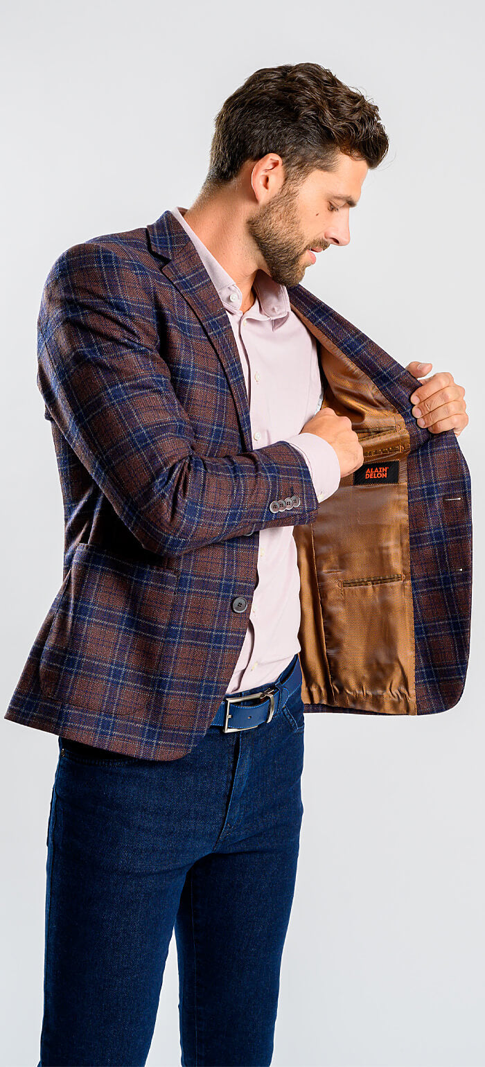 Brown wool jacket with blue check