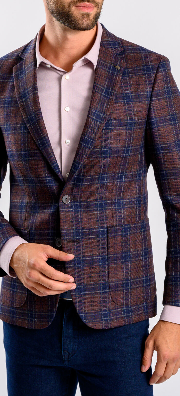 Brown wool jacket with blue check