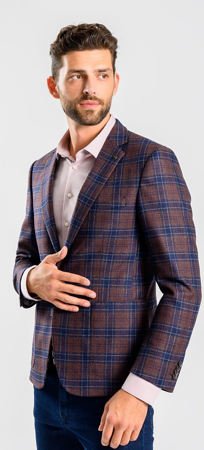 Brown wool jacket with blue check