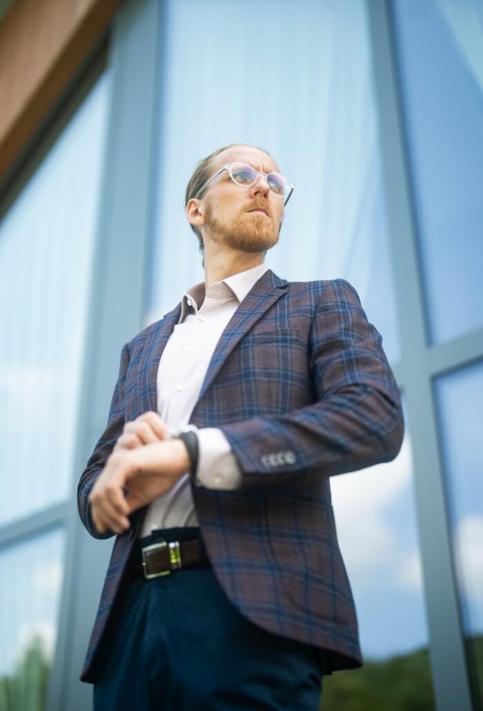 Brown wool jacket with blue check