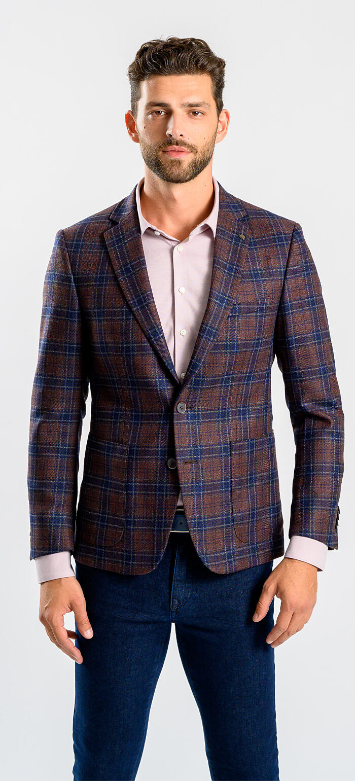 Brown wool jacket with blue check