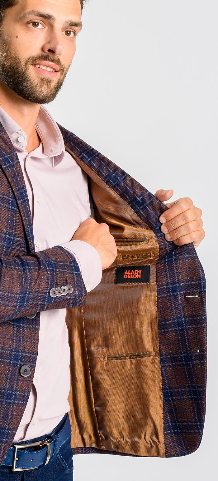 Brown wool jacket with blue check