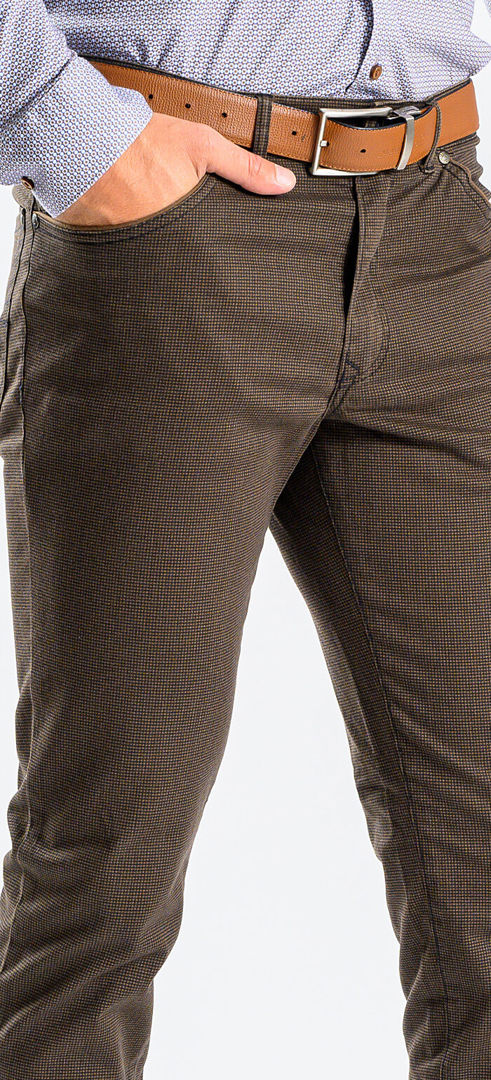 Brown casual trousers with a rooster print