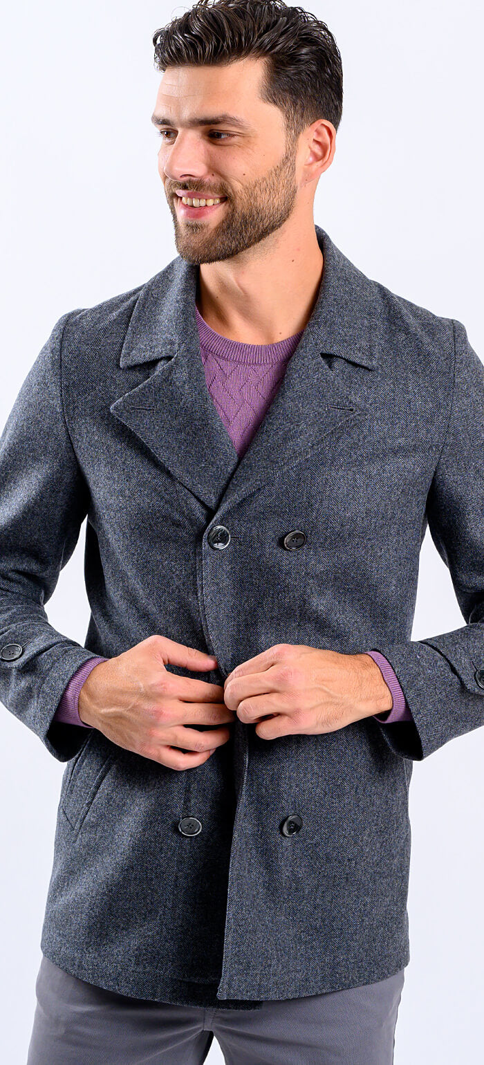 Short grey wool double-breasted coat