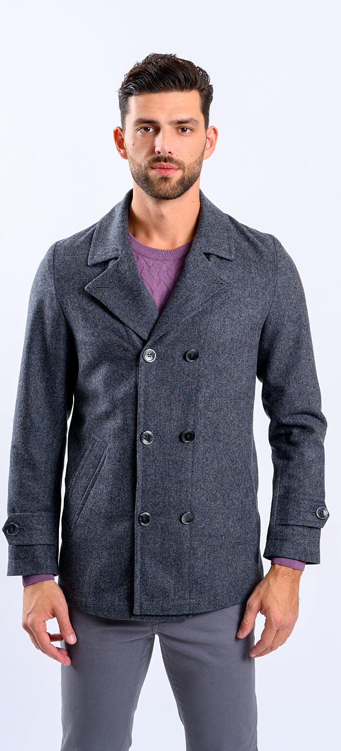 Short grey wool double-breasted coat