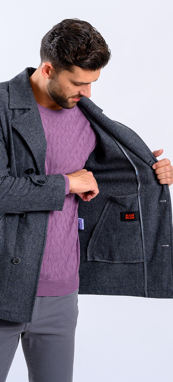 Short grey wool double-breasted coat